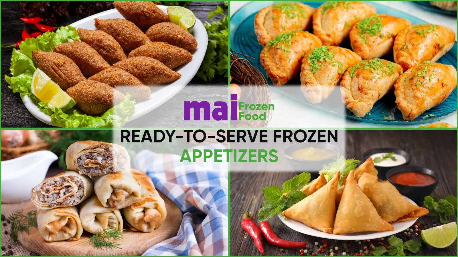 تشكيلة متنوعة من المقبلات المجمدة من "ماي فروزن فود"، تقدم خيارات متنوعة وجاهزة للتقديم بما في ذلك الكبة والإمباناداس والكريب والسمبوسة.